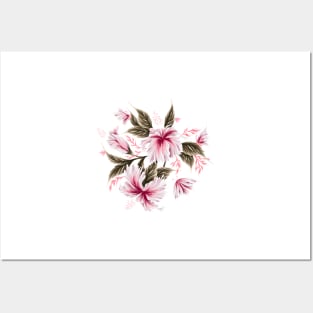 Hibiscus Butterflies - Khaki Green Pink Posters and Art